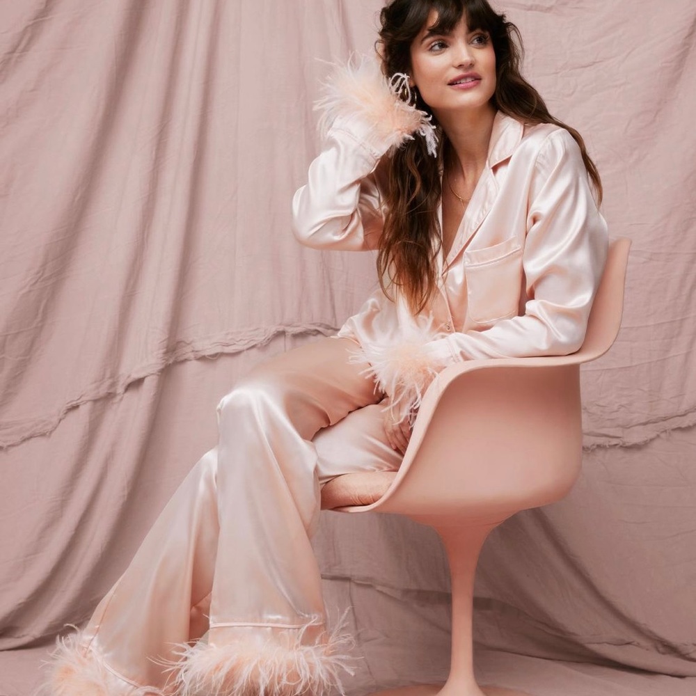 Nasty Gal Pink Satin Feather Pajama Set